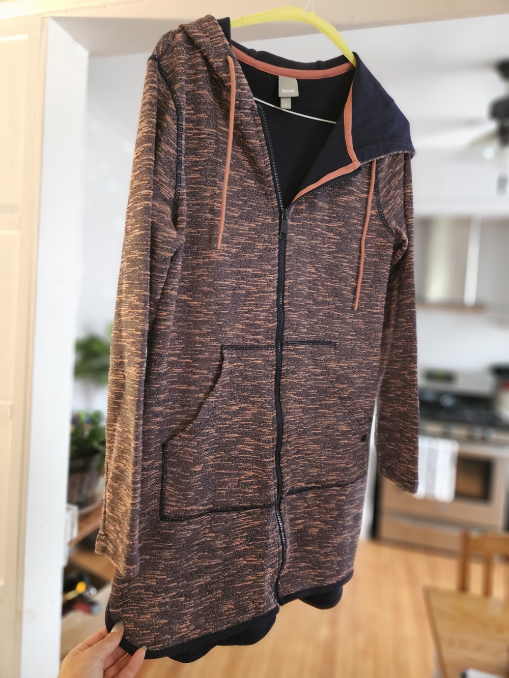 Bench Heather Navy and Coral Long Hooded Zip Jacket